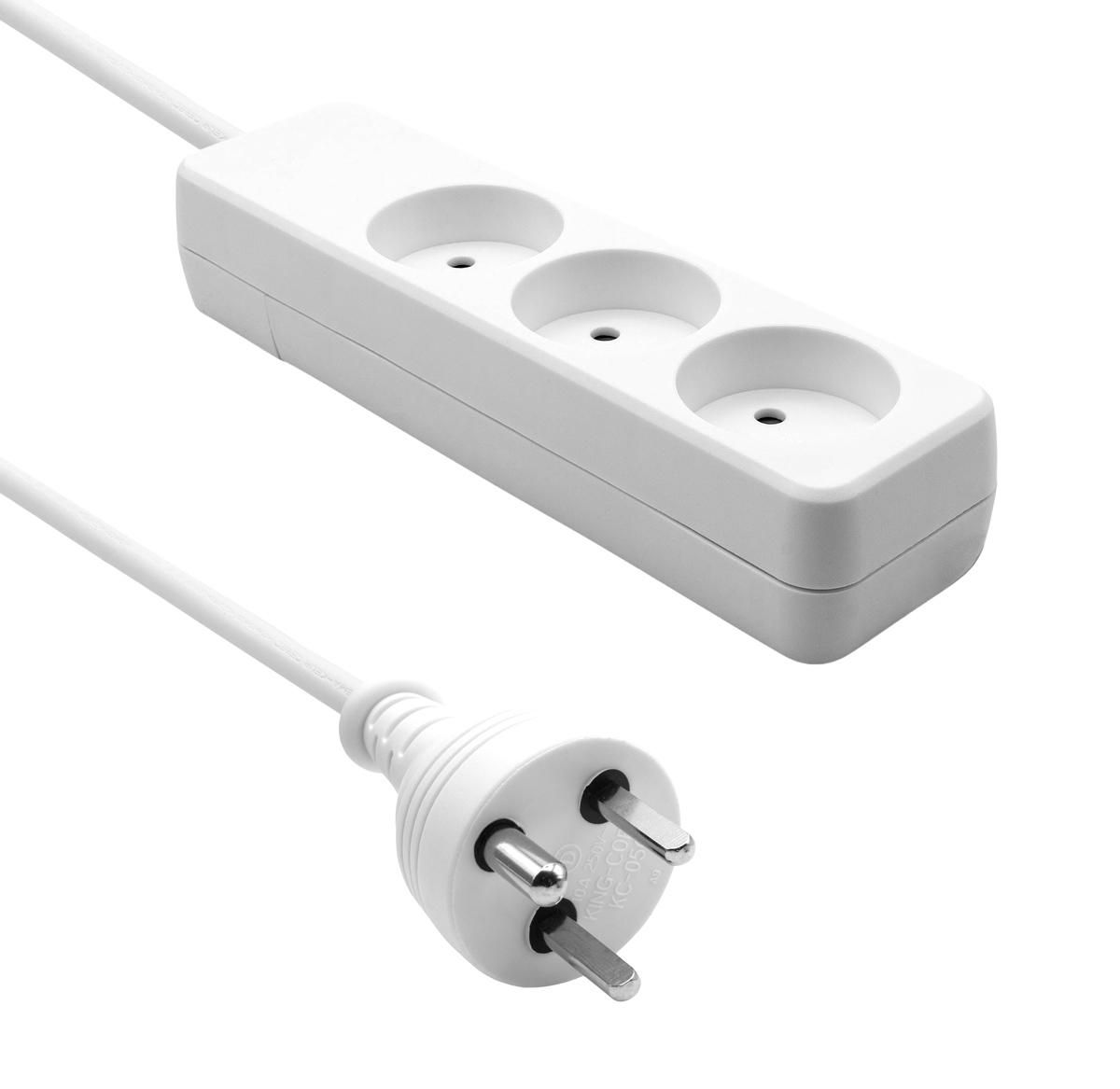 White 3-way power strip with a 5-meter cord, featuring three round sockets and a standard plug, designed for safe electrical connections.