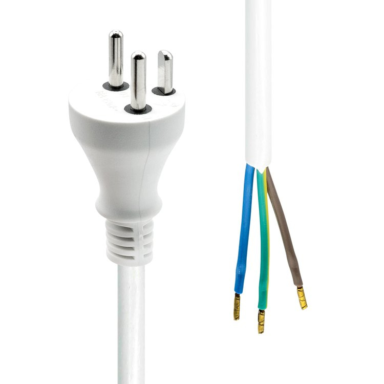 ProXtend Type K (Denmark) to Open End Montage Power Cord in white, featuring a three-prong plug and exposed wires in blue, brown, and green colors, measuring 20 meters in length.