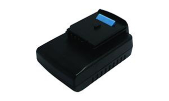 Black cordless tool battery and charger with a blue indicator light and a textured grip, featuring multiple connection ports on the side for compatibility.
