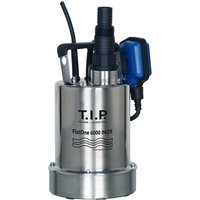 Stainless steel T.I.P. FLATONE 6000 INOX puddle pump with black handle and blue float switch.