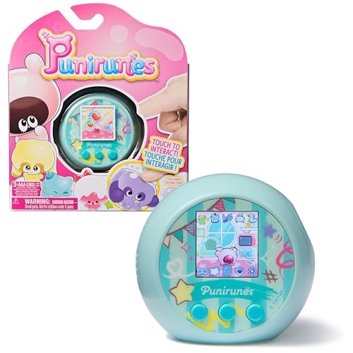 Interactive digital toy featuring a light blue, rounded device with a colorful screen and three buttons, packaged in a vibrant pink box showcasing various squishy characters.