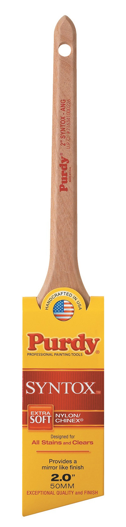 Purdy Syntox Angular 2 in. extra soft angle trim paint brush with a wooden handle and a yellow packaging, designed for a smooth finish on all surfaces.