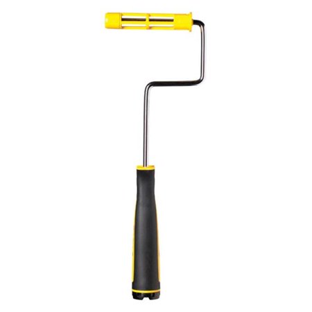 Purdy Revolution Jumbo Mini Frame features a sturdy metal frame with a yellow roller holder and a textured black rubber grip for comfort and control during painting.