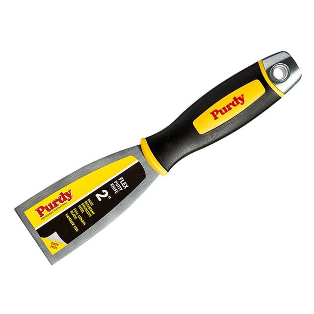 Purdy® 14A900020 Premium Flex Joint Knife features a 50mm stainless steel blade and a comfortable black and yellow rubber handle for easy grip and flexibility.