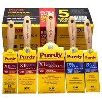 Purdy Pro Extra & XL Monarch paint brush set, 5 wooden-handled brushes with yellow and red packaging.