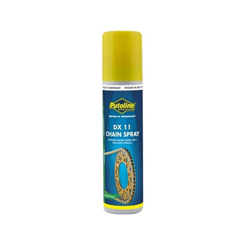 Putoline DX11 Chain Spray in a cylindrical can with a yellow cap, featuring a blue label with white text and an image of a motorcycle chain.