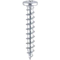 Silver Timco PVC window screw with shallow pan head and sharp threaded body.