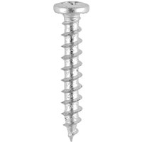 Stainless steel PVC window screw with shallow pan head and sharp threaded body by Timco.