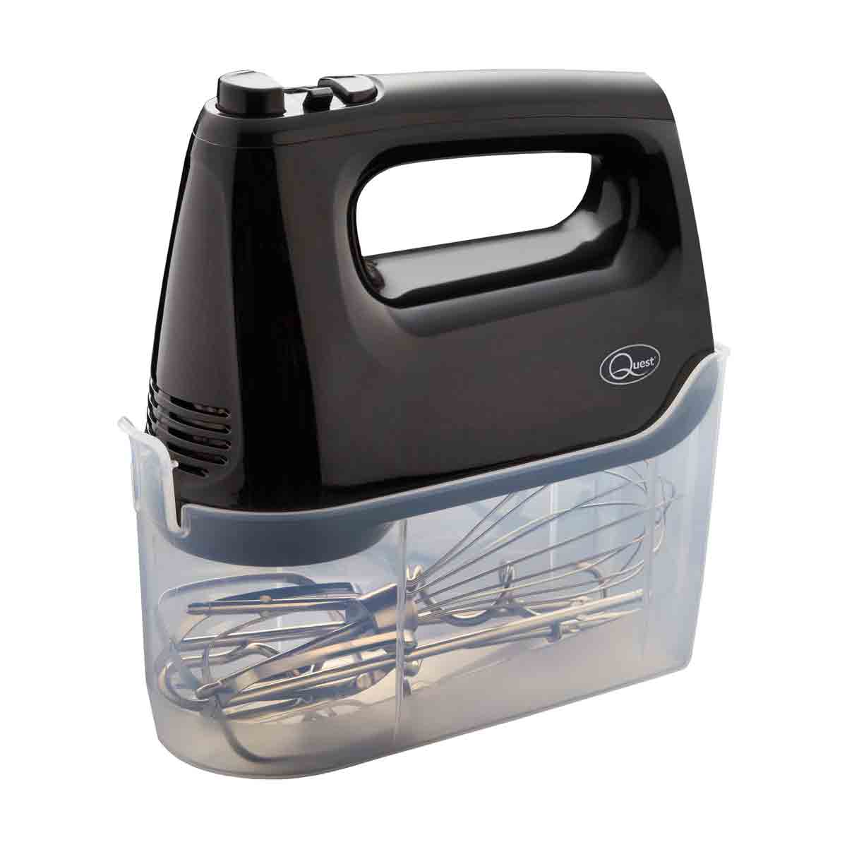Black Quest hand mixer with a sleek design, featuring a comfortable grip handle and a transparent storage case containing stainless steel beaters.