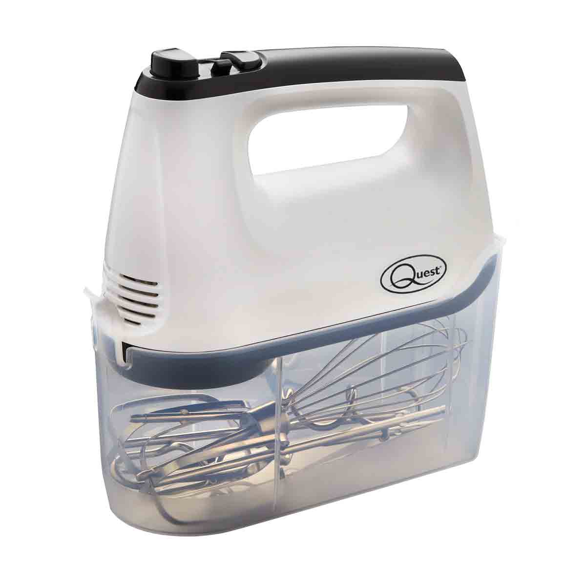 White Quest hand mixer with a black handle, featuring a transparent storage case containing metal beaters and a sleek, compact design for easy storage.