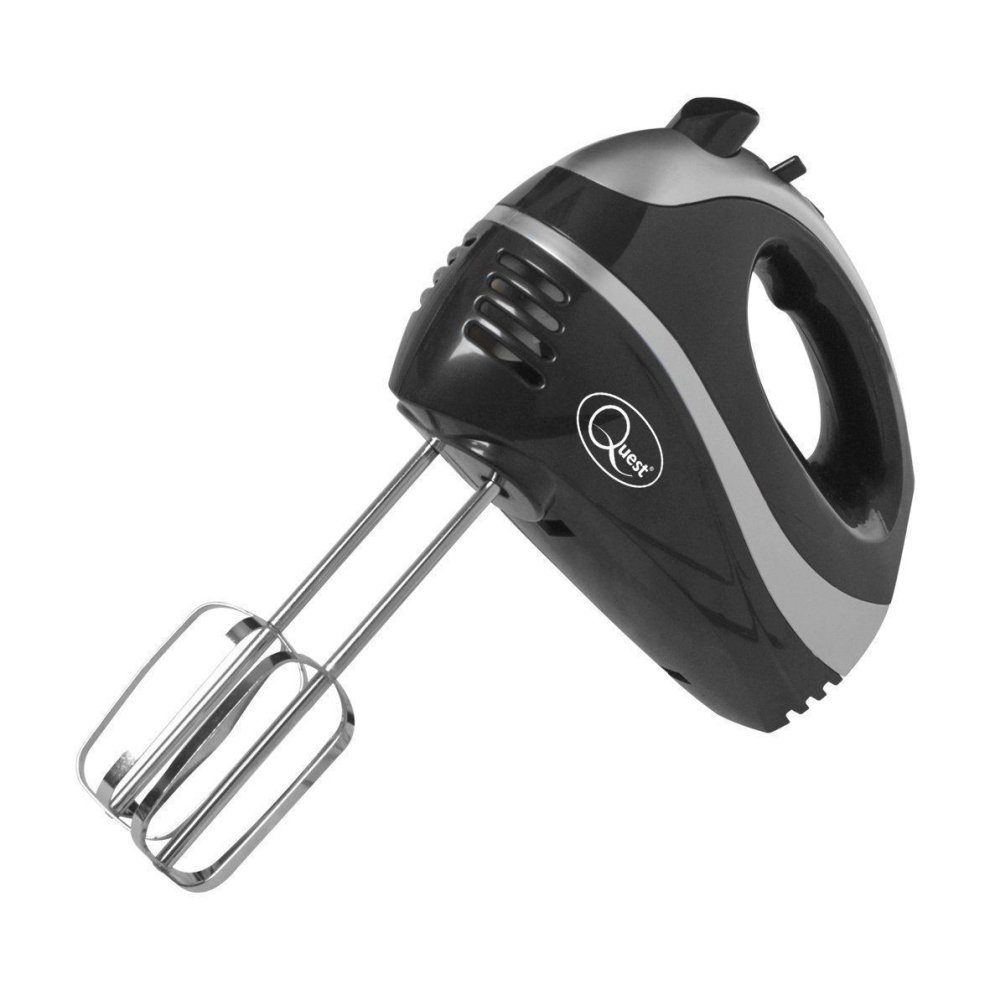 Black Quest Hand Mixer Pro featuring a sleek design, ergonomic handle, and stainless steel beaters, ideal for mixing and baking tasks.