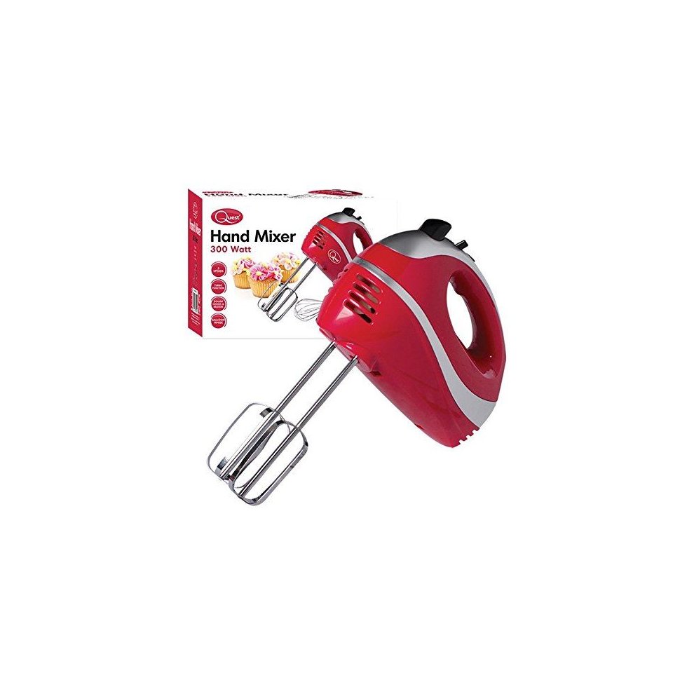 Red and silver Quest Professional Hand Mixer with a sleek design, featuring a comfortable grip, two metal beaters, and a 300-watt power rating, displayed next to its packaging.