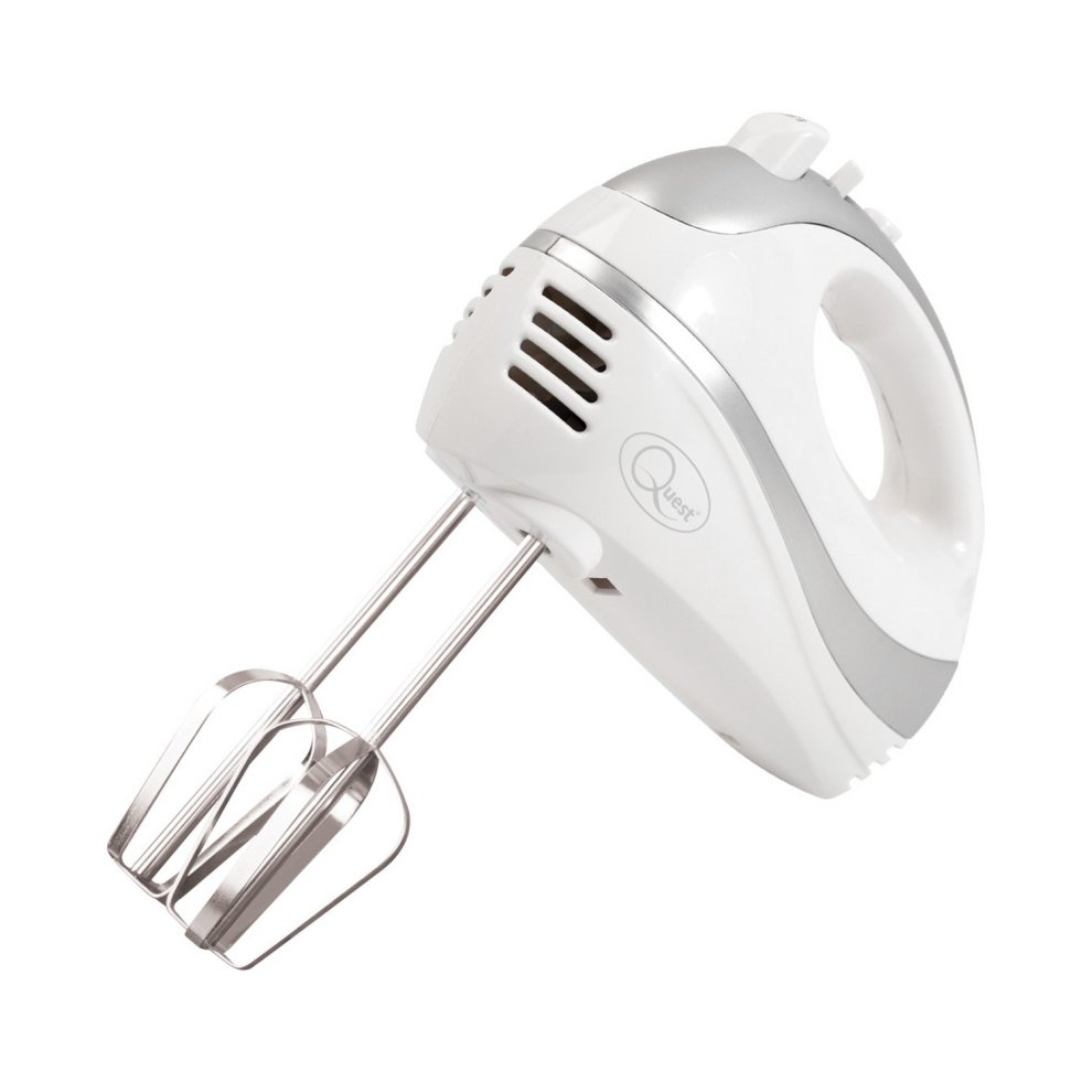 White Quest Hand Mixer Pro with a sleek design, featuring stainless steel beaters, a comfortable grip, and multiple speed settings for efficient mixing.