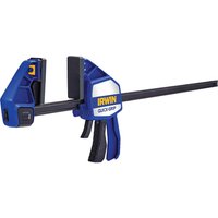 Blue Quick-Grip heavy duty clamp with black rubber grip and long metal bar for one-handed operation.