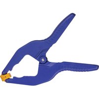 Blue Quick-Grip Spring Clamp with ergonomic handles and yellow pivoting jaw pads.