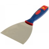 Blue and red R.S.T. drywall putty knife with a soft touch handle and flexible 76mm stainless steel blade.