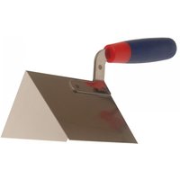 External corner trowel with stainless steel blade, soft touch blue and red handle, angled for precise corner work.