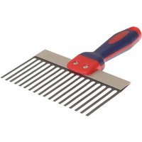 Red and blue scarifier with soft touch handle, 300mm wide metal tines for gardening.