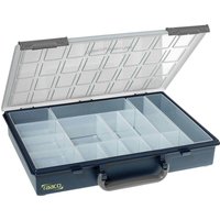 Blue Raaco A4 organiser case with 15 clear compartments and a transparent lid, featuring a grey handle.