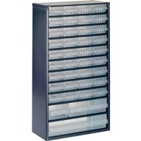 Black Raaco metal cabinet with 40 clear plastic drawers in a vertical arrangement.
