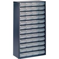 Metal cabinet with 48 clear plastic drawers, black frame, and compact vertical design by raaco.