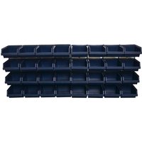 Blue Raaco bin wall panel with 32 stackable storage bins arranged in four rows.