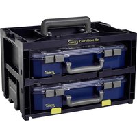 Black Raaco Carrymore 80X2 storage system with two blue drawers, clear lids, and a sturdy top handle.