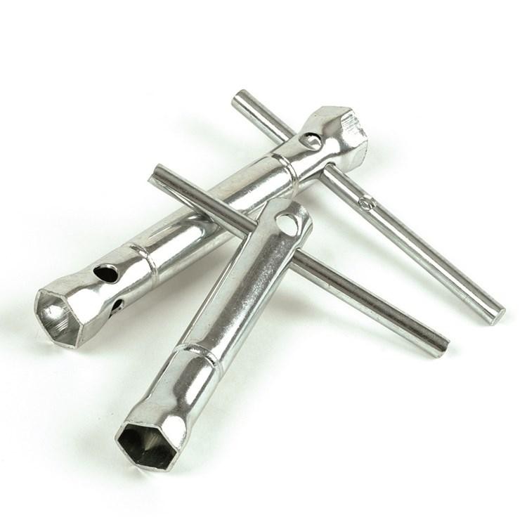 Raceline Deep Reach spark plug wrench made of shiny chrome-plated steel, featuring a 12-14mm hex socket and a cross handle for improved grip and leverage.