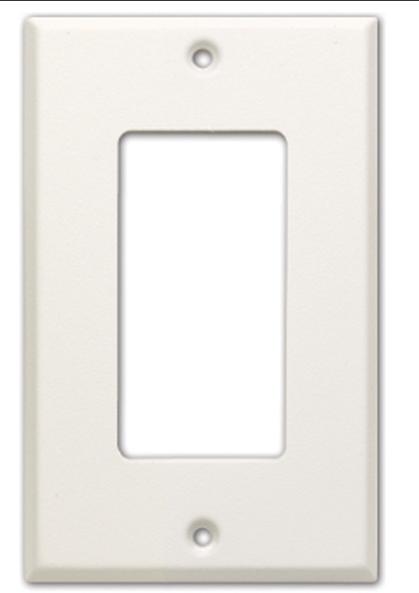 White plastic wall plate with a rectangular opening and two screw holes, designed for use with switches or outlets.