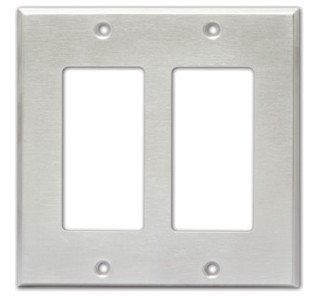 Stainless steel double cover plate with a brushed finish, featuring two rectangular openings and four mounting holes for secure installation.