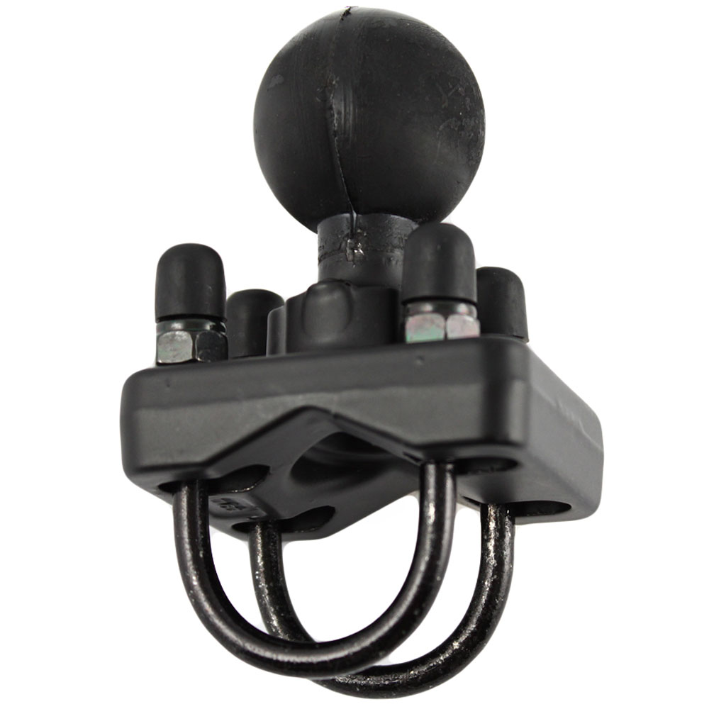 Black RAM Mounts Double U-Bolt Ball Base designed for 1" to 1.25" rails, featuring a spherical ball mount and two sturdy U-bolts for secure attachment.