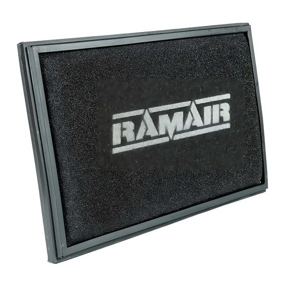 Rectangular black air filter panel with a textured surface, framed in grey, featuring the "RamAir" logo prominently displayed in white. Dimensions are 249x146mm.