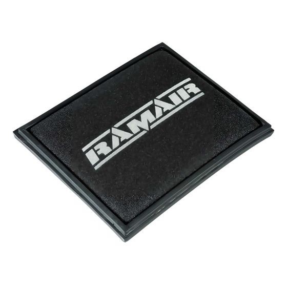Black rectangular air filter panel with a textured surface, featuring the "RamAir" logo in white, designed for performance replacement, measuring 290x258mm.
