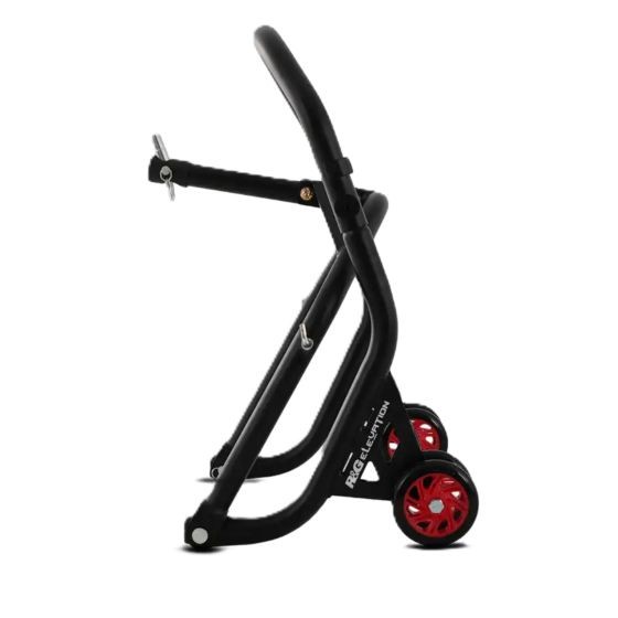 Black metal paddock stand with red wheels and a sturdy frame, featuring a lifting mechanism and adjustable support for motorcycle maintenance.
