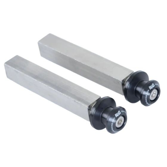 Silver metal paddock stand hook adapters with black rubberized ends, featuring the R&G logo, designed for motorcycle maintenance and stability.