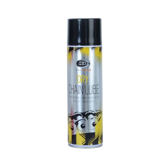 R&G Racing Dry Chain Lube in a 500ml spray can, featuring a metallic silver body with yellow and black striped accents, labeled clearly with product details.