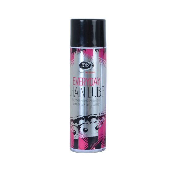 R&G Racing Everyday Chain Lube in a 500ml spray can, featuring a sleek black cap, vibrant pink and silver label with text and graphics, designed for optimal chain maintenance.