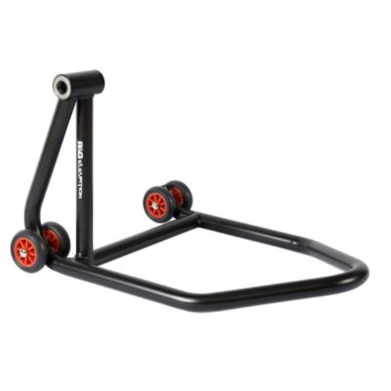 Single-sided motorcycle paddock stand in black with red wheels, featuring a sturdy metal frame and a left-hand design for easy maintenance and storage.