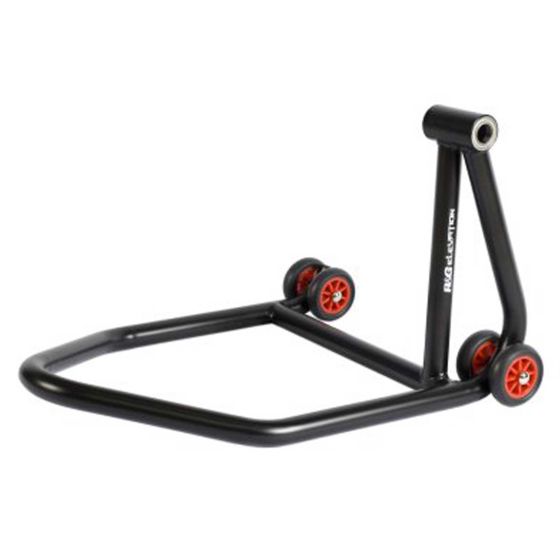Single-sided motorcycle paddock stand in black metal with red wheels, featuring a sturdy base and a right-hand design for easy bike maintenance.