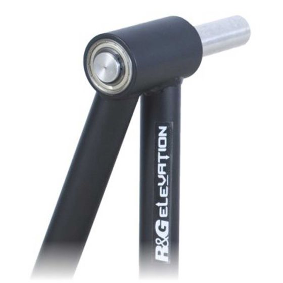 Black metal motorcycle paddock stand pin with a 40mm outside diameter, featuring a smooth silver bearing and the R&G Elevation logo in white.