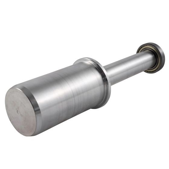 Silver stainless steel motorcycle paddock stand pin with a smooth cylindrical design and a rounded end, featuring a bearing for easy rotation.