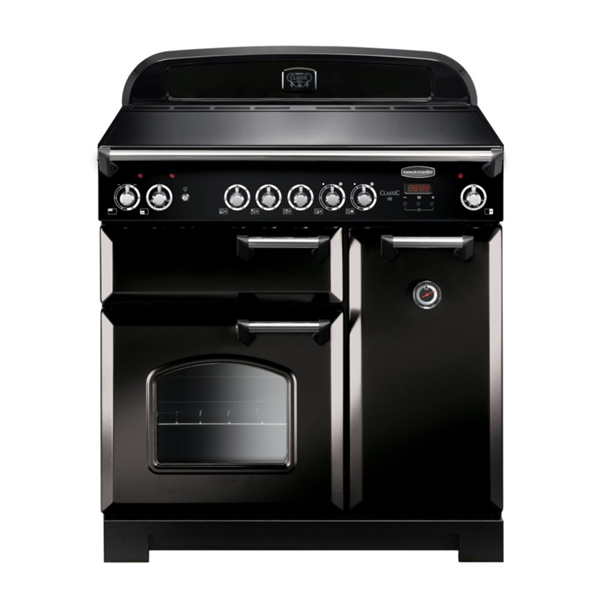 Classic 90cm ceramic range cooker in black with chrome trim, featuring six control knobs, a large oven door, and a sleek, modern design.