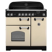 Classic 90cm ceramic range cooker in cream with chrome trim, featuring two ovens, a grill, and six control knobs on the front.