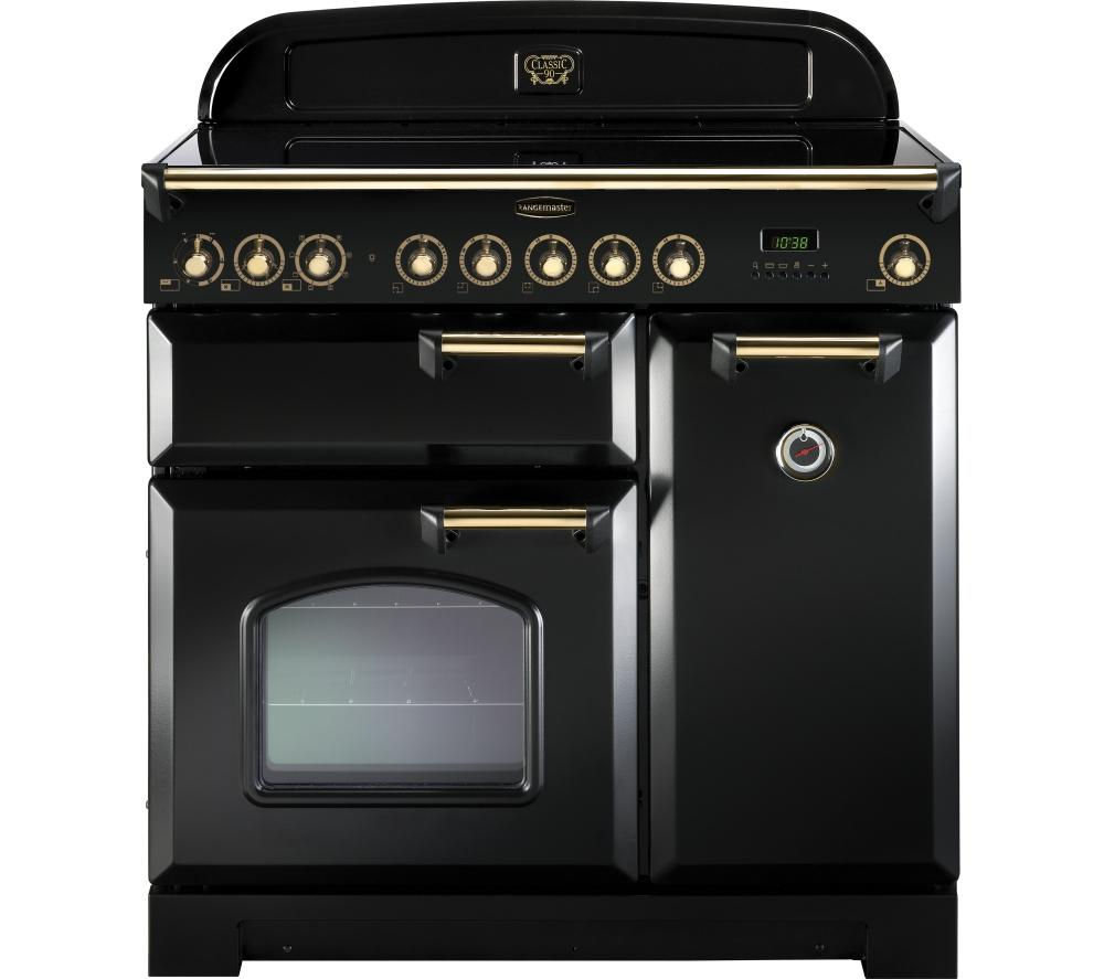 Classic Deluxe 90cm ceramic range cooker in black with brass trim, featuring a sleek design, multiple control knobs, two ovens, and a glass window on the main oven door.