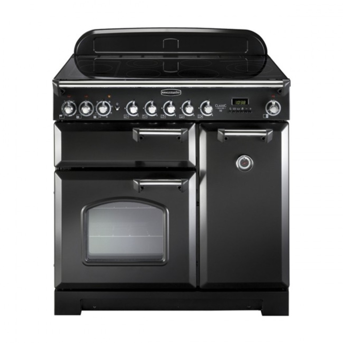 Classic 90cm ceramic range cooker in black with chrome trim, featuring five control knobs, two ovens, and a sleek glass top.