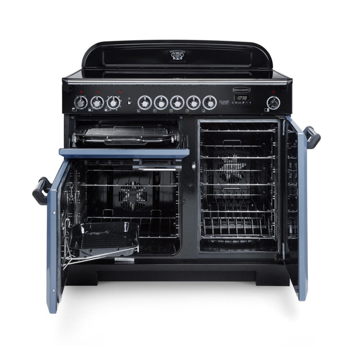 Classic Deluxe 90cm ceramic range cooker in charcoal black with chrome trim, featuring multiple knobs, two oven compartments, and a spacious grill tray.