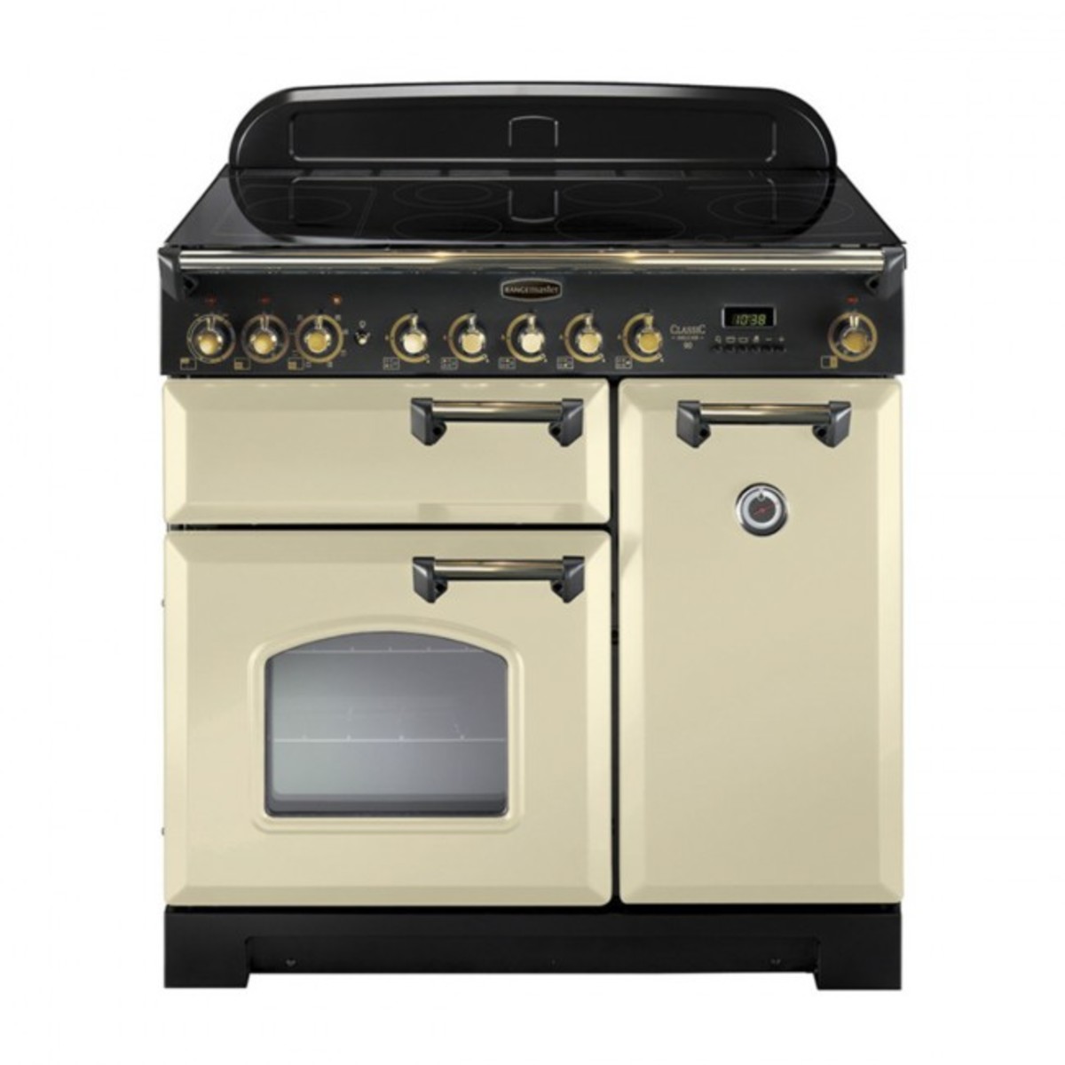 Classic 90cm ceramic range cooker in cream with chrome trim, featuring a black hob, multiple control knobs, two ovens, and a distinctive arched window design.