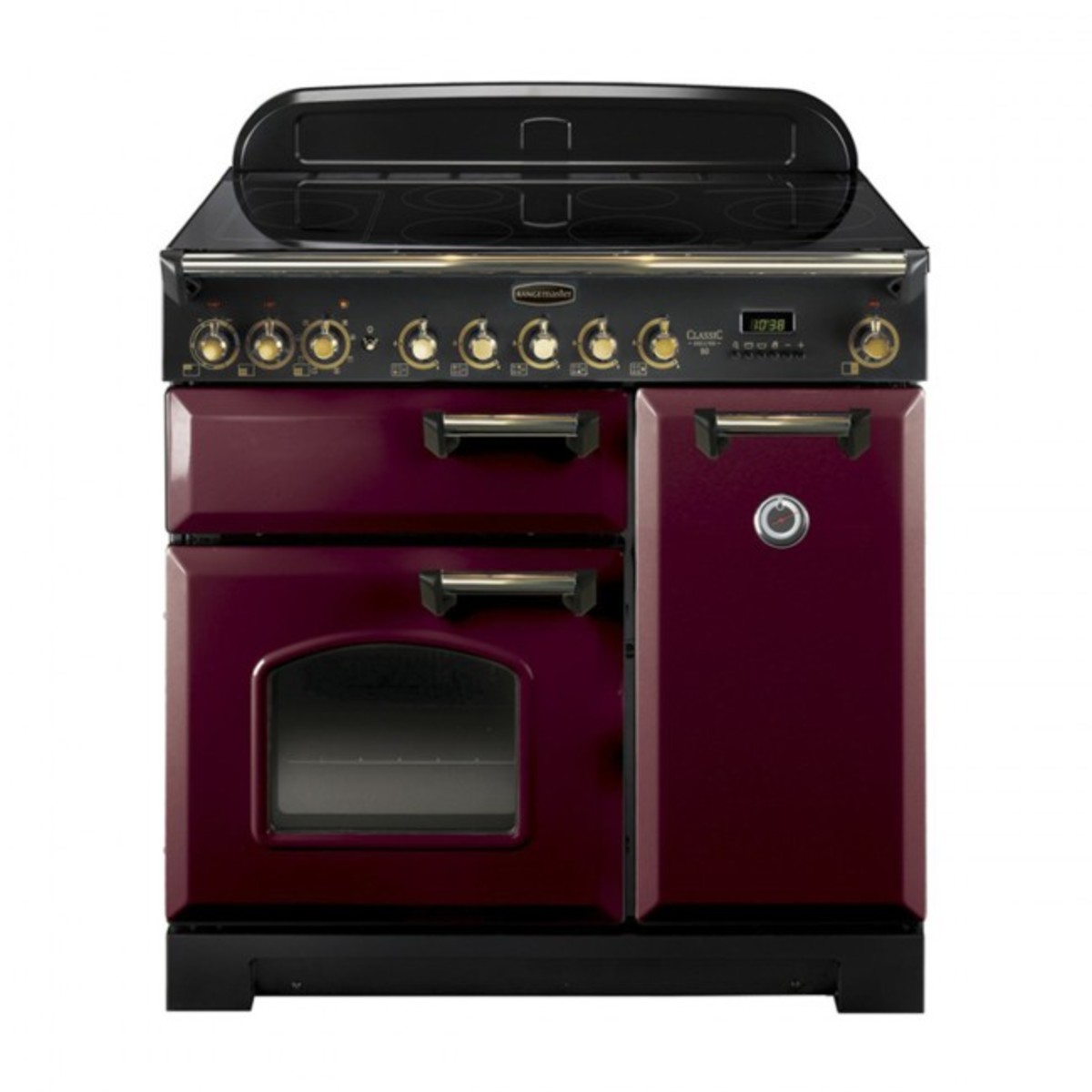 Classic 90cm ceramic range cooker in cranberry color with brass trim, featuring a smooth top, multiple control knobs, and two oven doors.