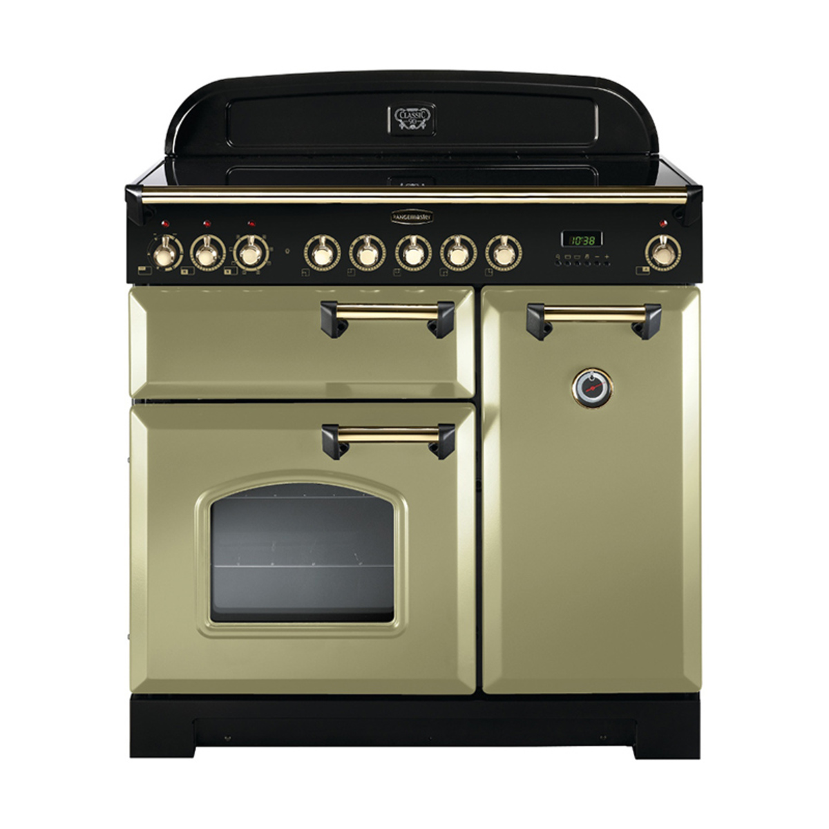 Classic 90cm ceramic range cooker in olive green with brass trim, featuring two ovens, a sleek black control panel, and multiple brass knobs for temperature adjustment.
