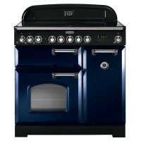 Classic 90cm ceramic range cooker in regal blue with chrome trim, featuring multiple knobs, two ovens, and a sleek black control panel.